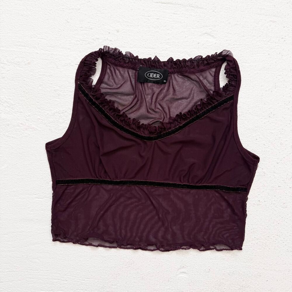 Cider Mesh Velvet Trim Crop Top Sheer Stretchy Burgundy M-L